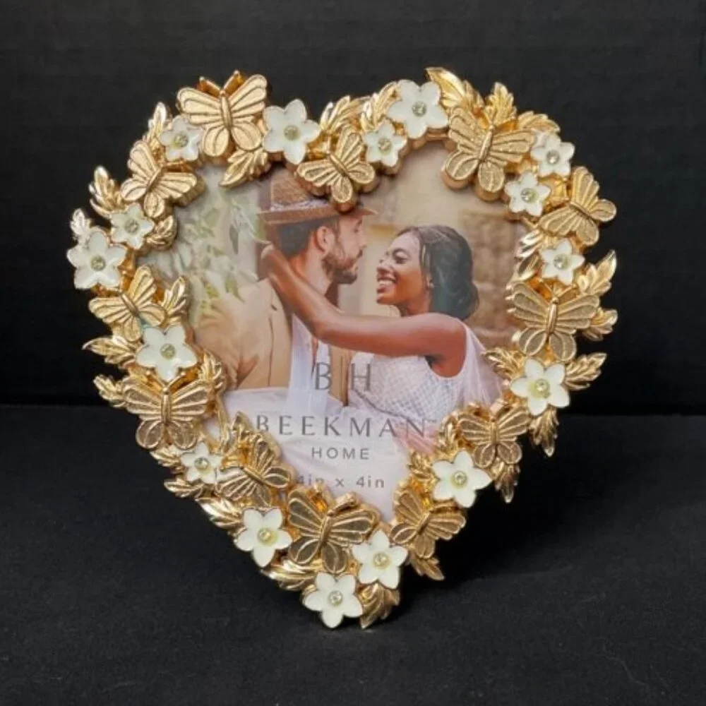 Beekman Home Picture Frame Heart Shaped Gold Butterflies White‎ Flowers